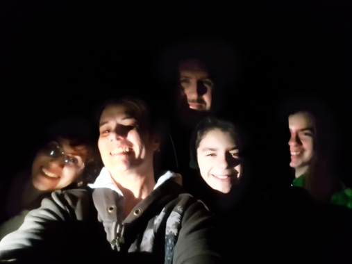 3 adults, 2 kids hike at night